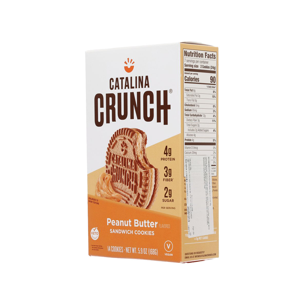 Peanut butter sandwich cookies box with Nutrition Facts panel, Catalina Crunch