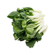 Bunch of Chinese bok choy with dark green leaves and pale white stems