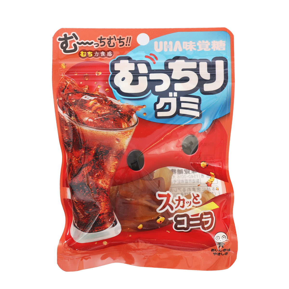 Cola-flavored gummy candy pouch with red-orange packaging and cup graphic
