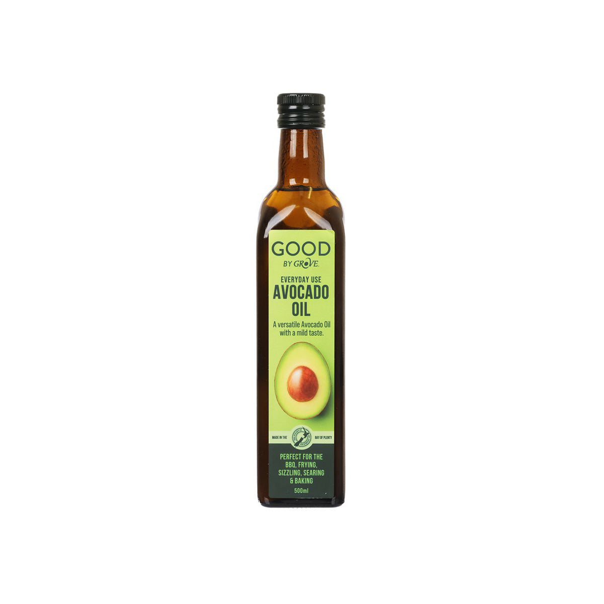 Avocado cooking oil bottle, amber glass with black cap and green label, 500 mL