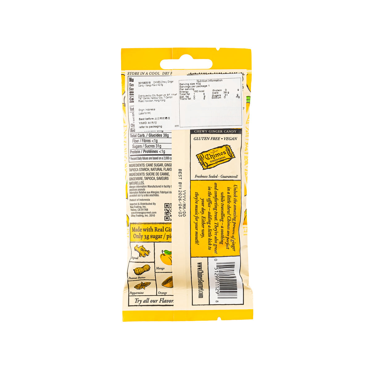 Chewy ginger candy pouch back with ingredient label, CHIMES Mango