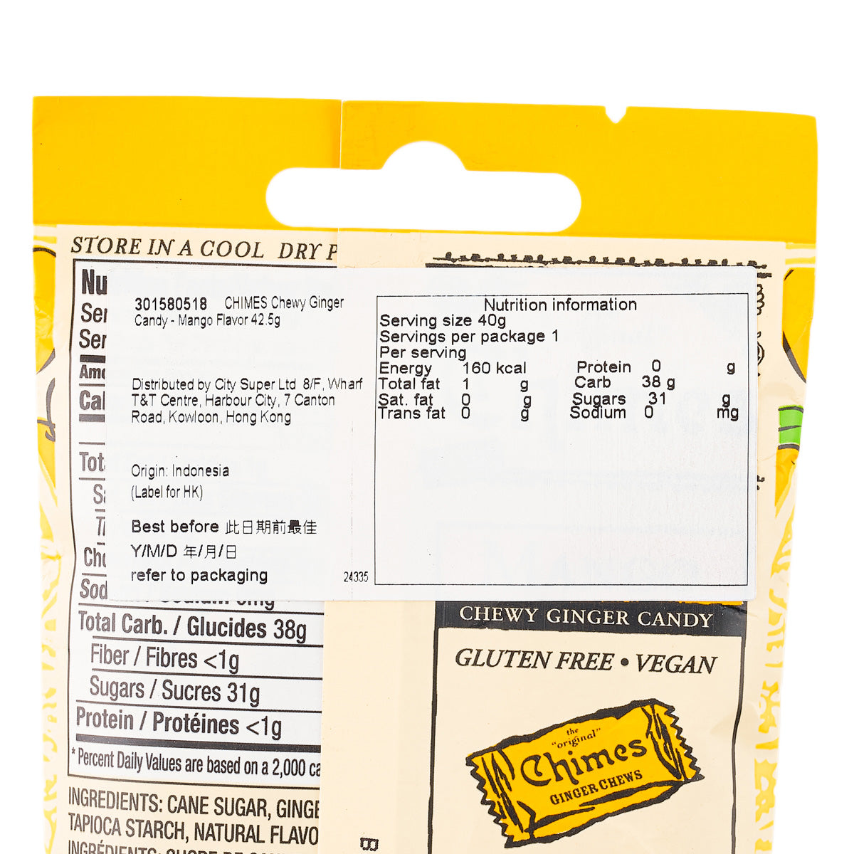 Chewy ginger candy pouch label close-up with nutrition facts, CHIMES Mango