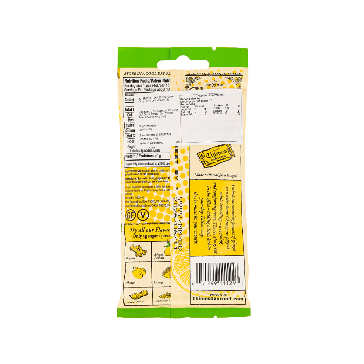 CHIMES chewy ginger candy pouch back panel with ingredients and barcode