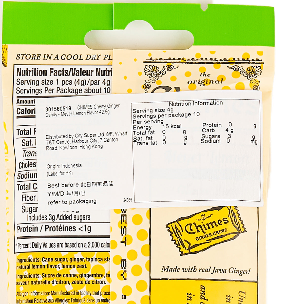 Nutrition facts label on CHIMES chewy ginger candy pouch, Meyer lemon flavor