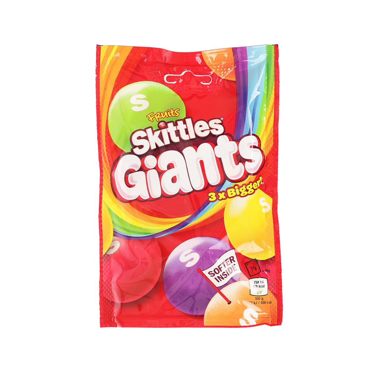 Fruit-flavoured chewy sweets pouch, red bag with Skittles Giants branding and logo