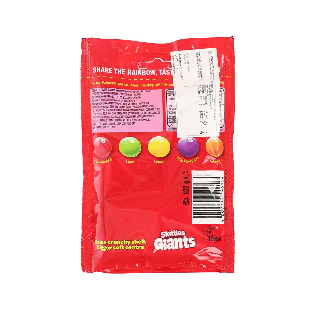 Skittles Giants vegan chewy sweets pouch back, red bag with barcode and nutrition panel