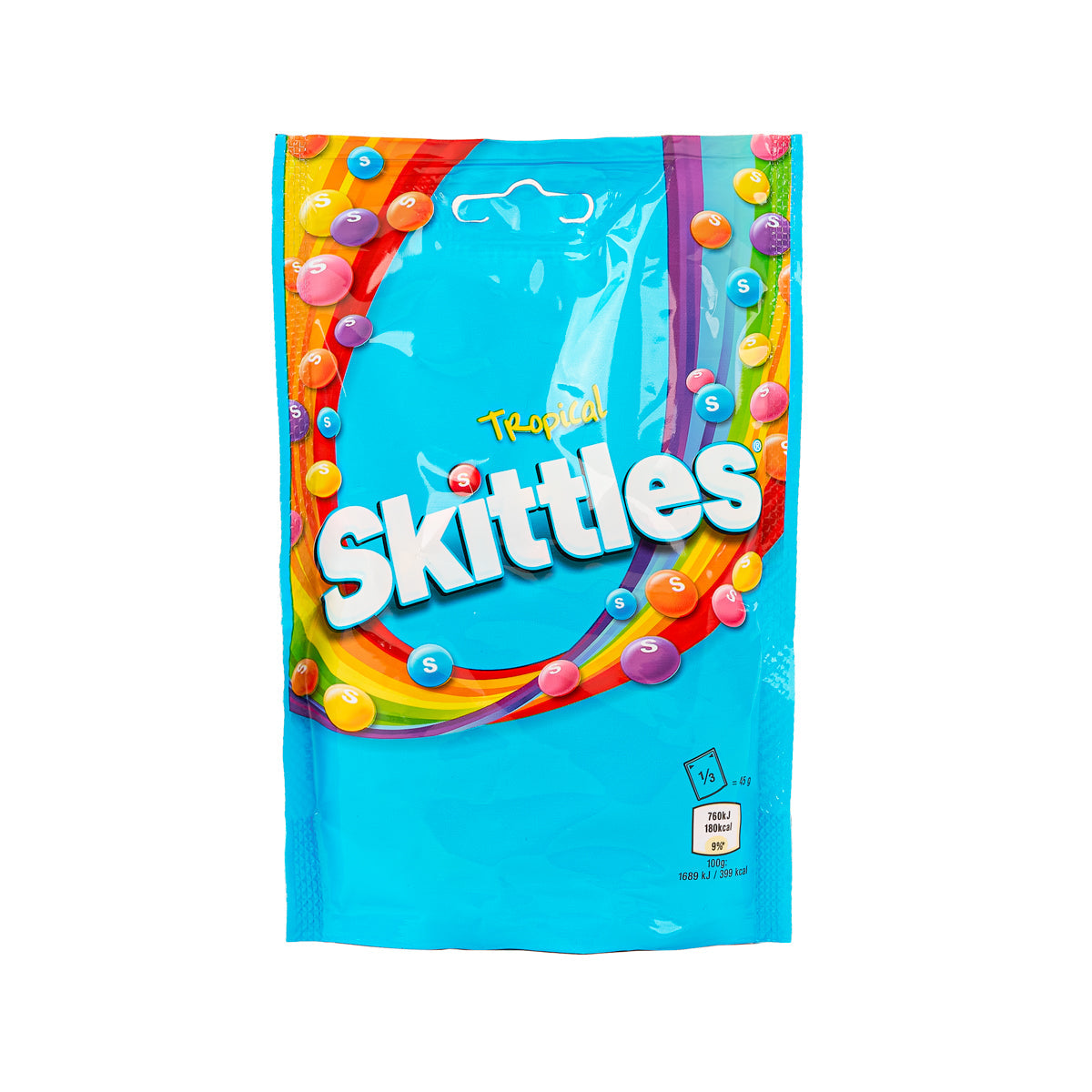 SKITTLES Tropical fruit chewy sweets pouch, bright blue with candy swirl graphics