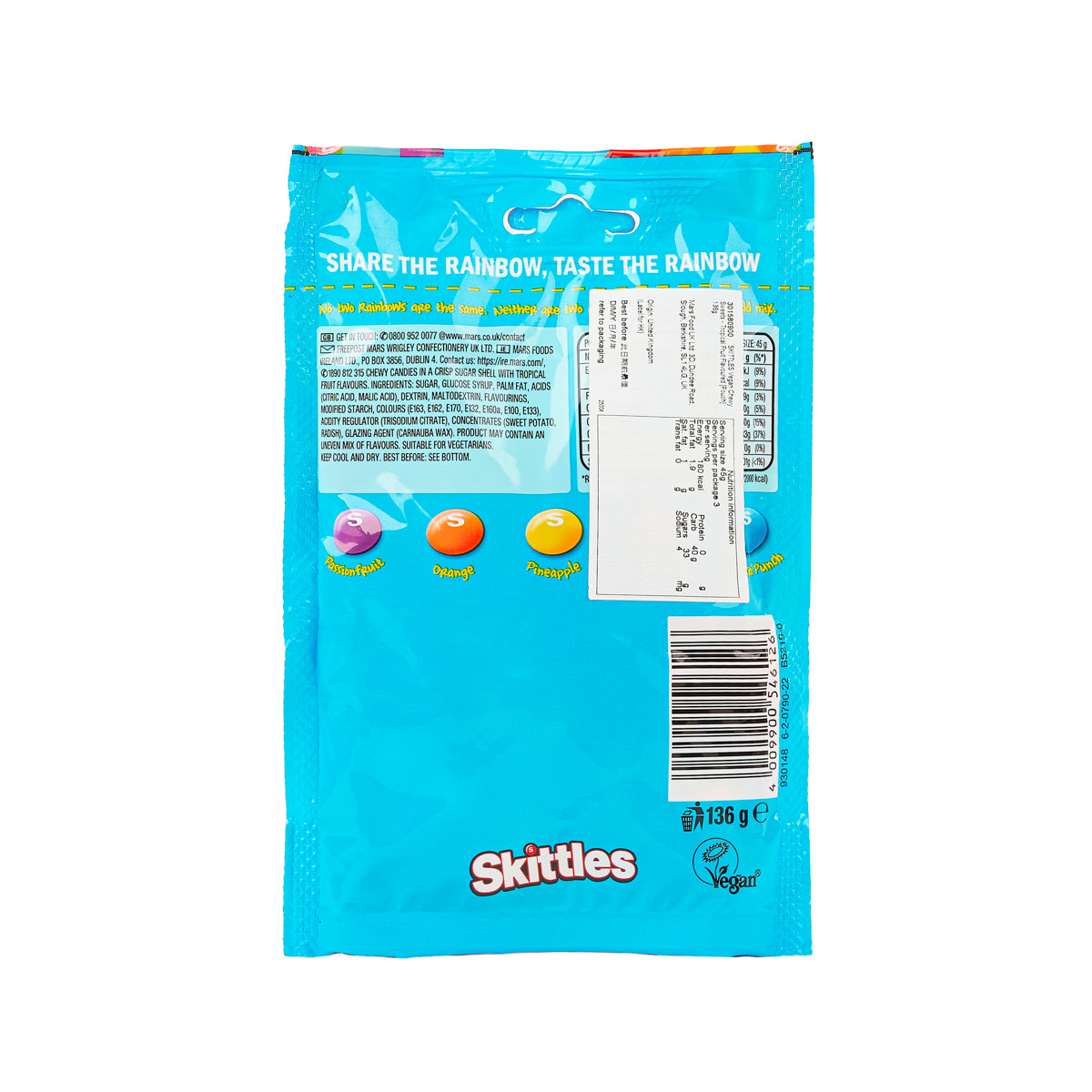 SKITTLES Tropical fruit sweets pouch back, blue with barcode and nutrition label