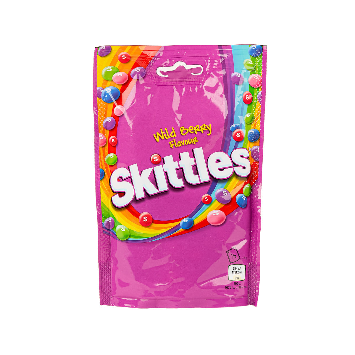 Skittles wild berry vegan chewy sweets pouch, purple package with candy graphics