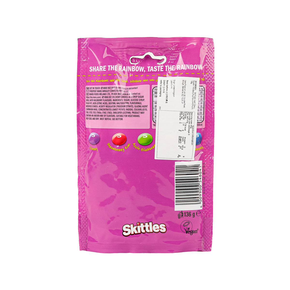 Skittles wild berry vegan chewy sweets pouch back, barcode and nutrition panel