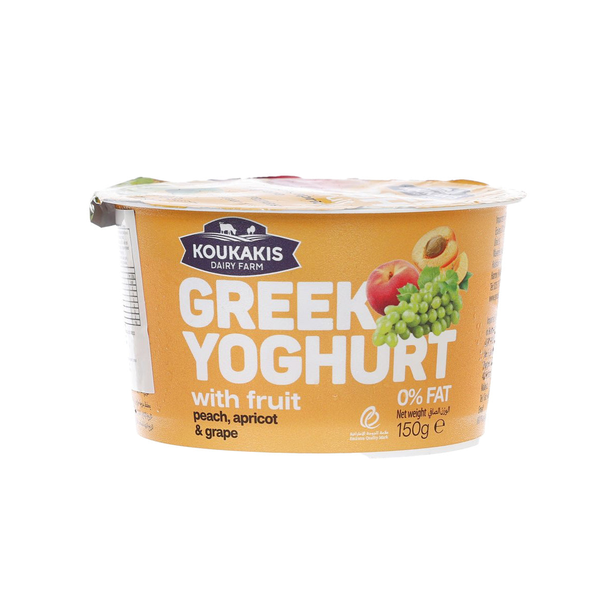 Front of Greek yogurt tub with fruit peach apricot grape, 0% fat, 150g