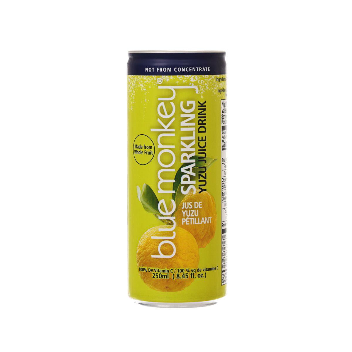 Sparkling yuzu juice drink can, lime green label with fruit illustration
