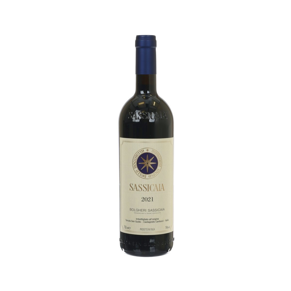 Sassicaia 2021 red wine bottle with front label