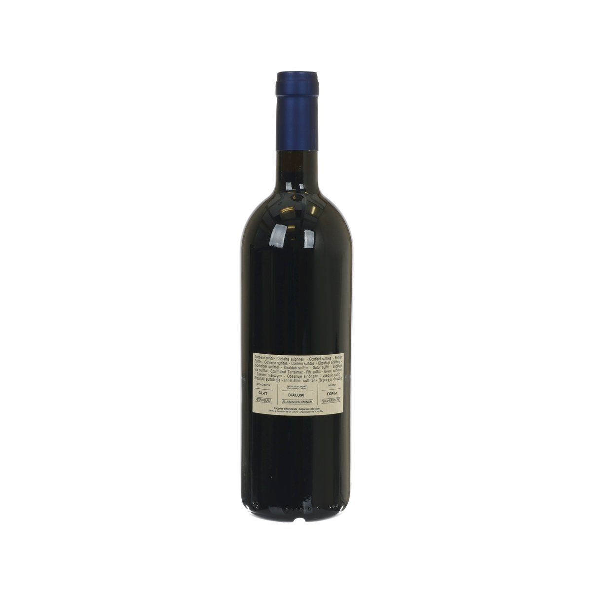 Red wine bottle with back label and dark blue cap