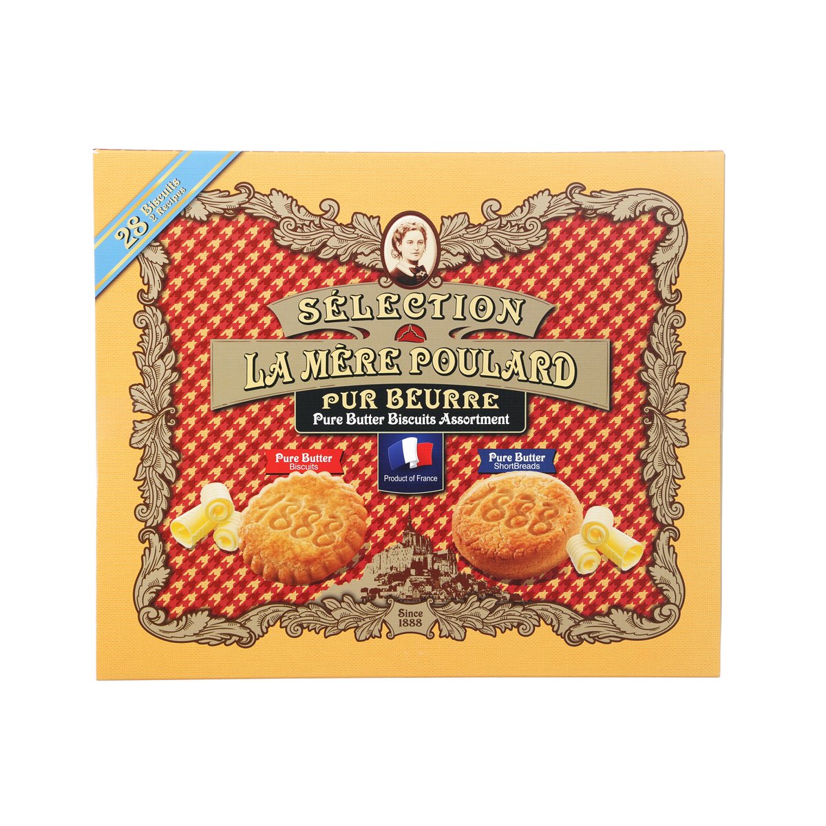 Butter biscuit selection gift box with red patterned front and illustrated biscuits
