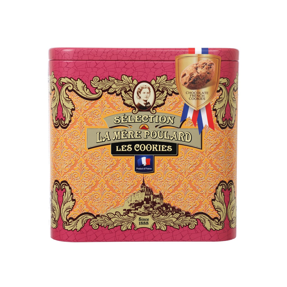 Vintage amber cookie tin with LAMEREPOULARD selection artwork and red lid
