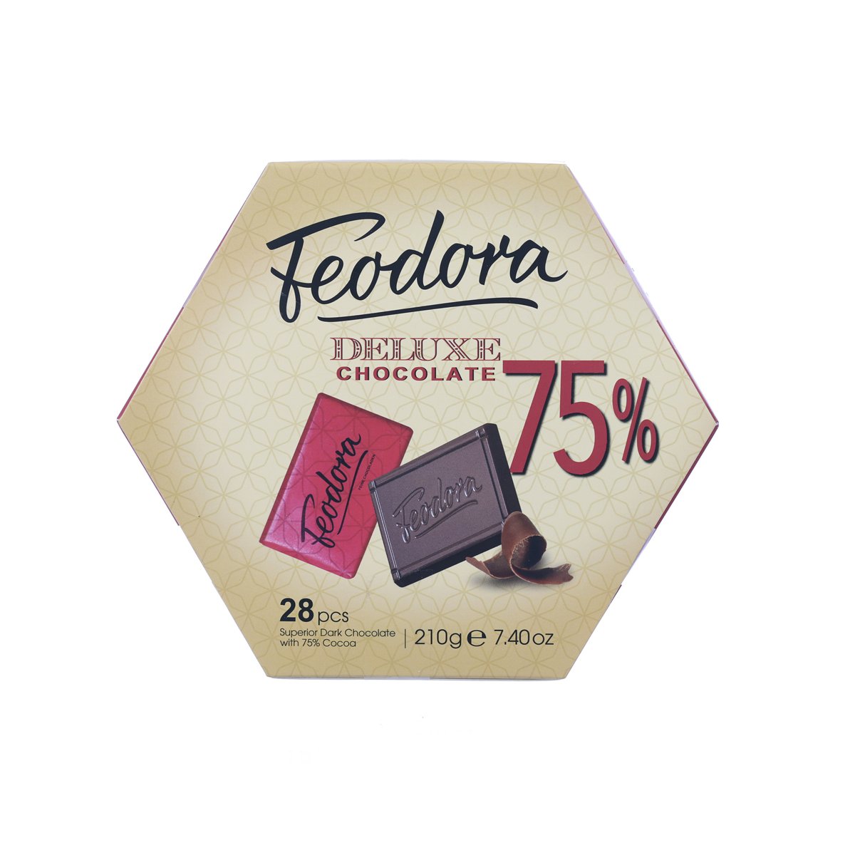 Dark chocolate gift box with 75% superior cocoa, showing chocolate squares