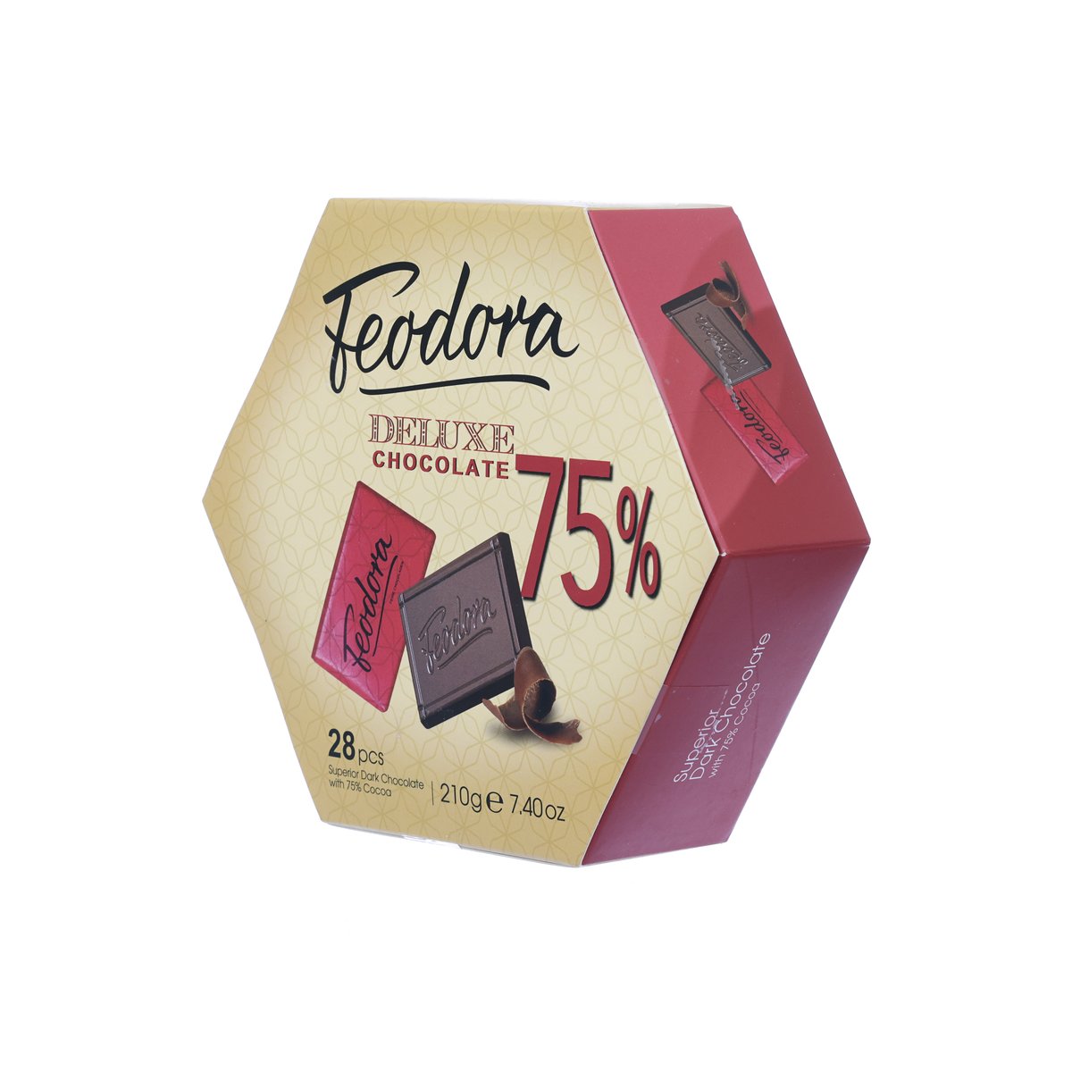 Dark chocolate gift box with side panel and 75% superior cocoa branding