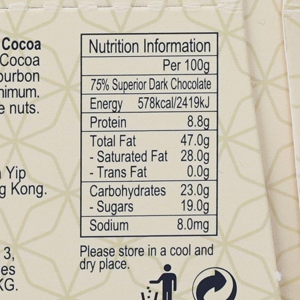 Nutrition information panel for 75% superior dark chocolate with nutrient values