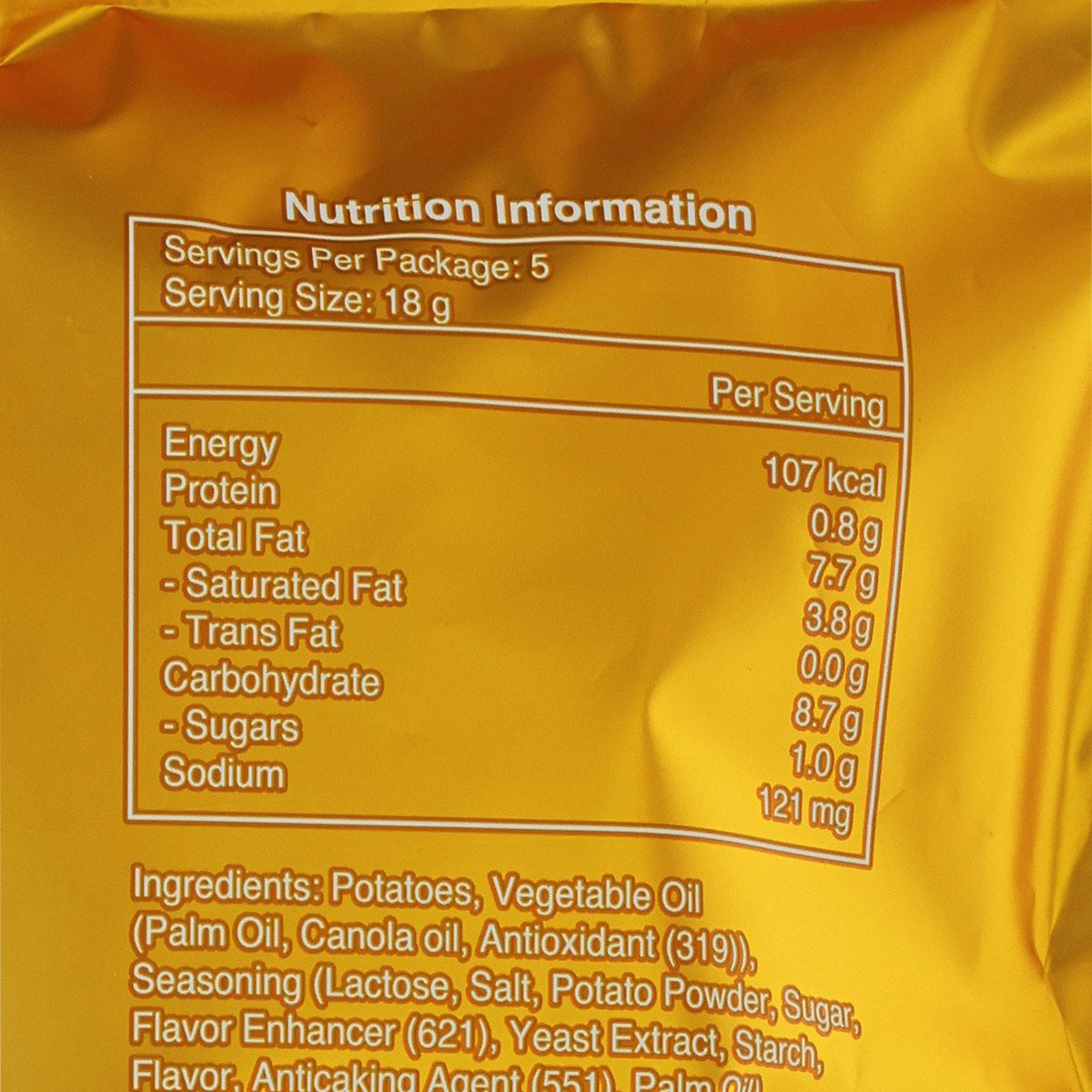 Nutrition information panel with serving size 18 g on crispy fries bag
