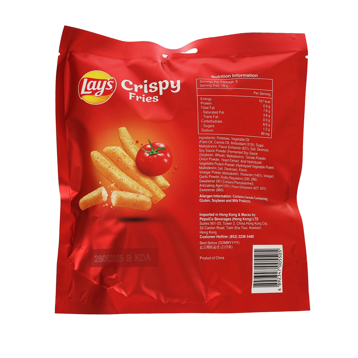 Lay's Crispy Fries potato snack bag back with nutrition panel and barcode