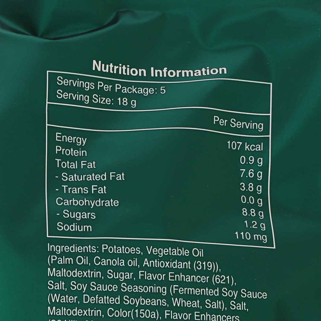 Nutrition information panel showing servings per package 5 on seaweed fries snack bag