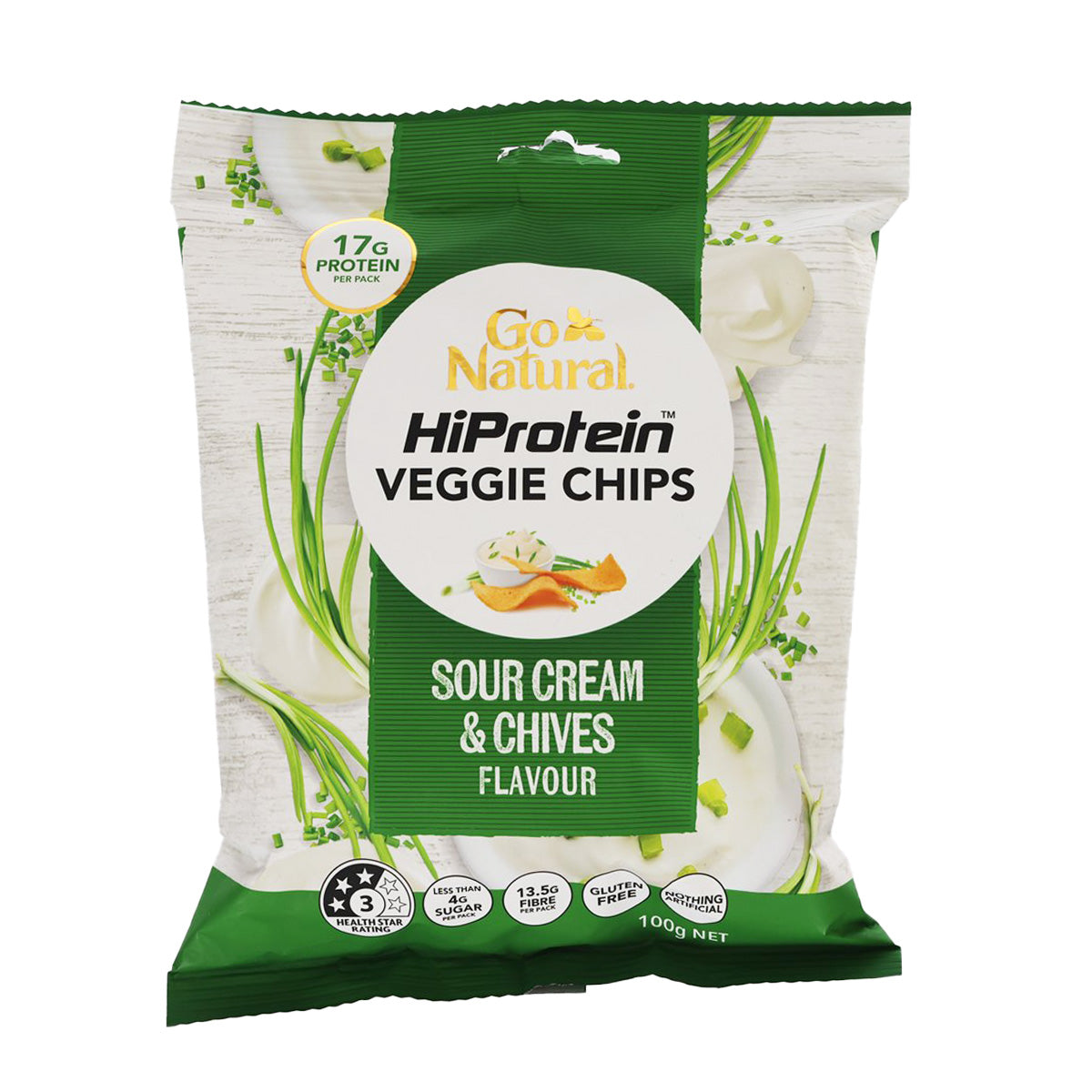 HiProtein veggie chips bag, sour cream & chives flavour, green-and-white pack