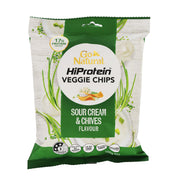 HiProtein veggie chips bag, sour cream & chives flavour, green-and-white pack