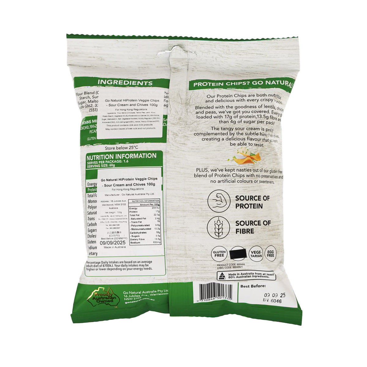 HiProtein veggie chips bag back with ingredients and nutrition panel, green seal