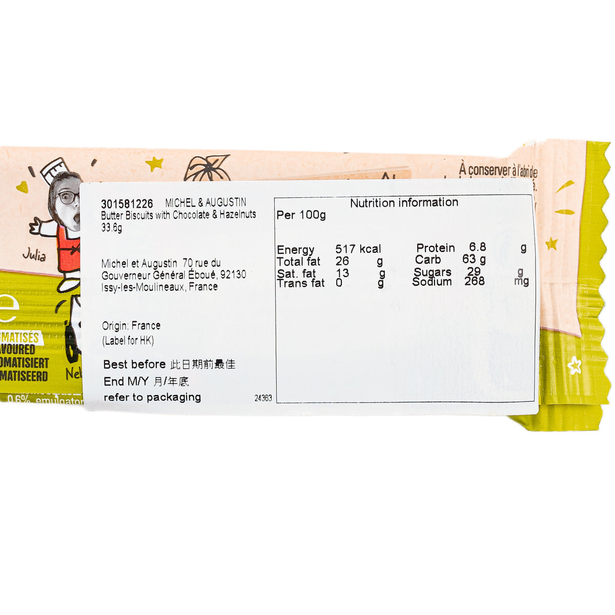 MICHEL & AUGUSTIN butter biscuits nutrition facts panel on pack, per 100 g