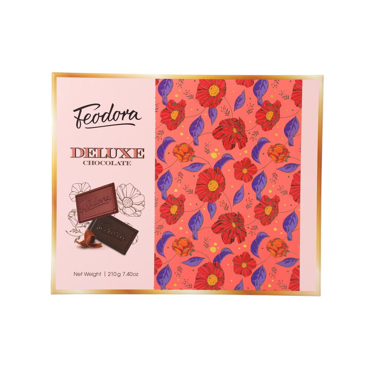 FEODORA Deluxe dark chocolate box, pink floral design with chocolate squares