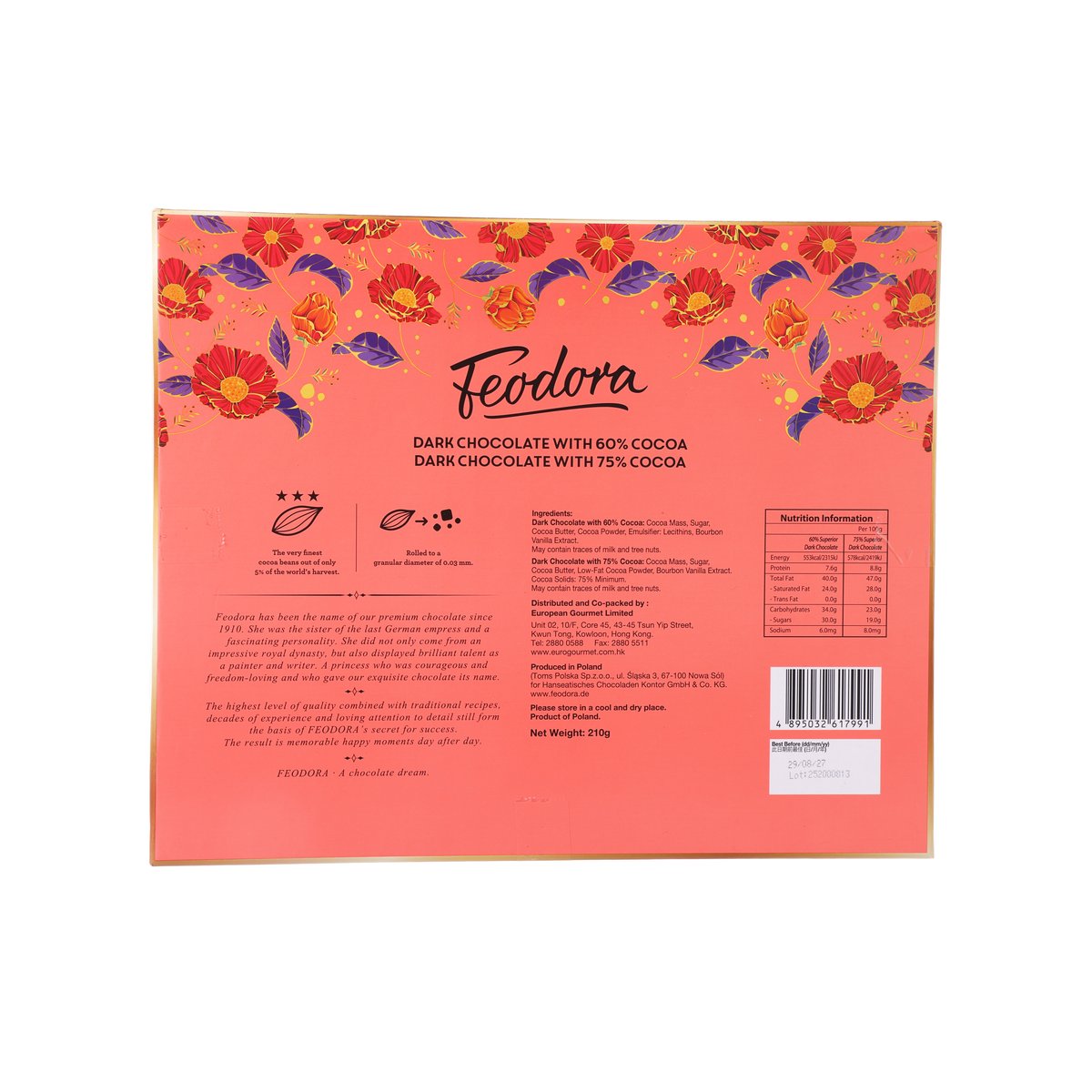 FEODORA Deluxe dark chocolate box back, pink floral pattern with ingredient icons