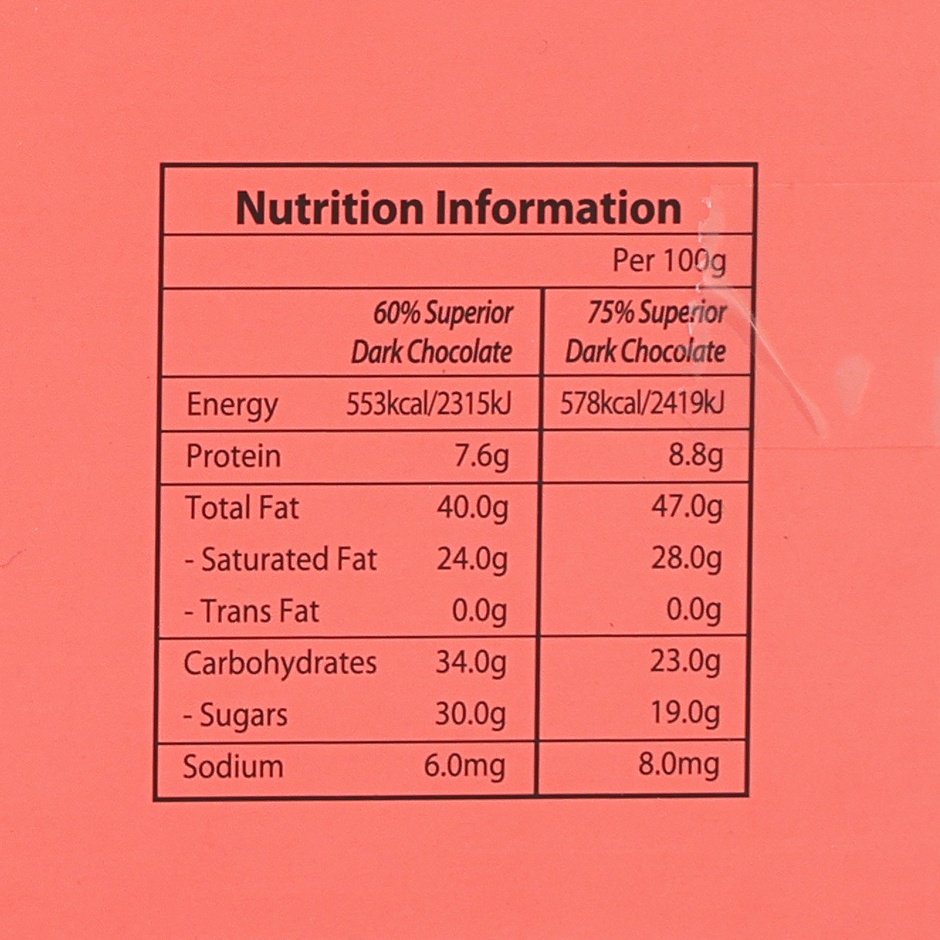 Nutrition information label for dark chocolate, per 100g values table