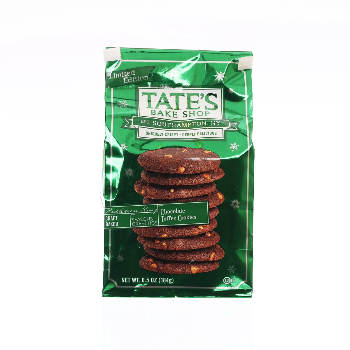 TATE'S Chocolate Toffee Cookies bag with stacked dark cookies graphic, front label