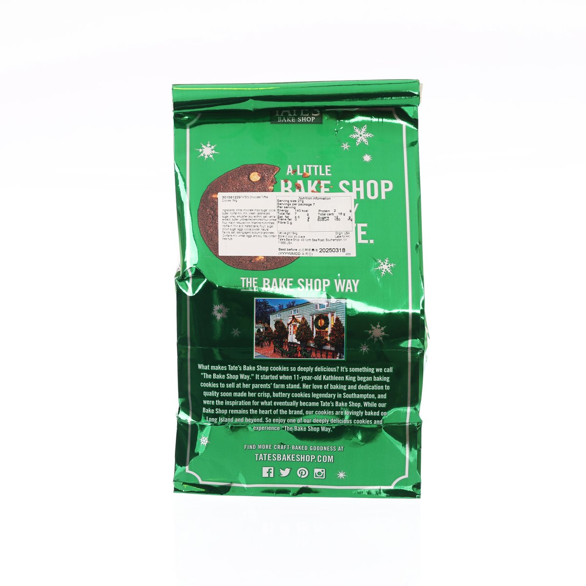 TATE'S Chocolate Toffee Cookies bag, back panel with baking shop text and branding