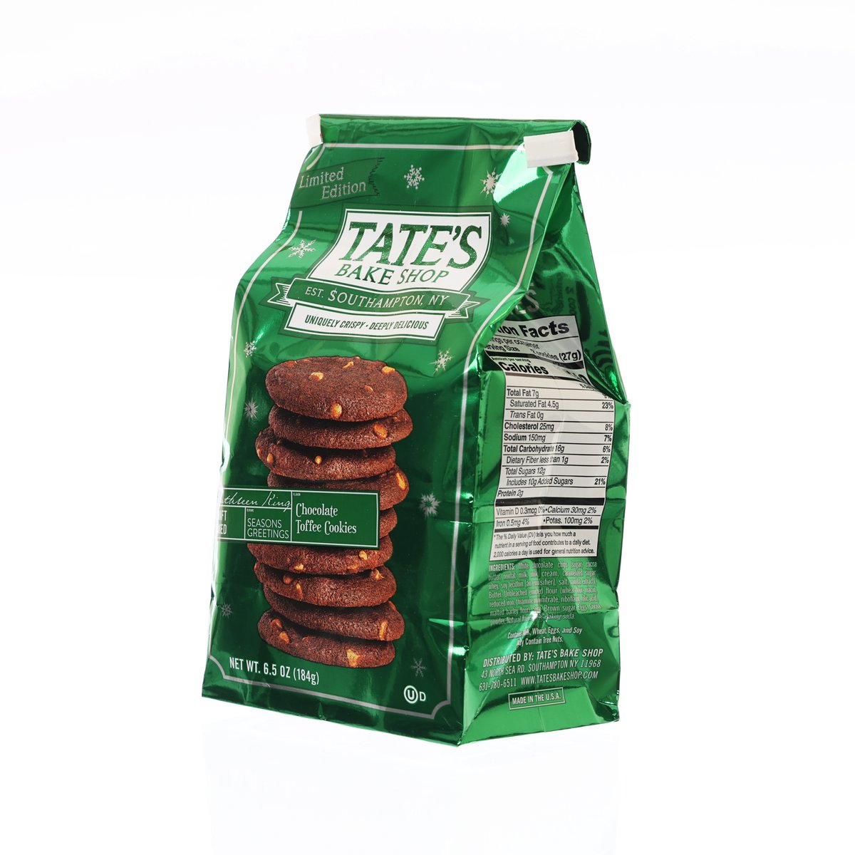 TATE'S Chocolate Toffee Cookies bag with side panel showing ingredients and nutrition