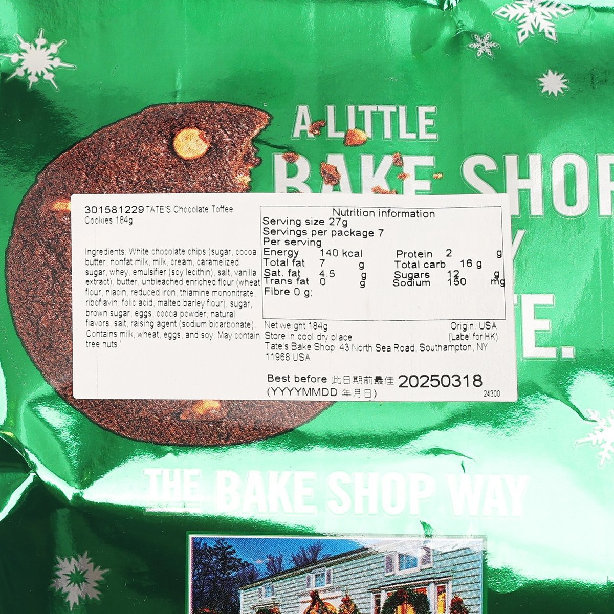 Chocolate toffee cookie illustration and nutrition panel on TATE'S cookie bag