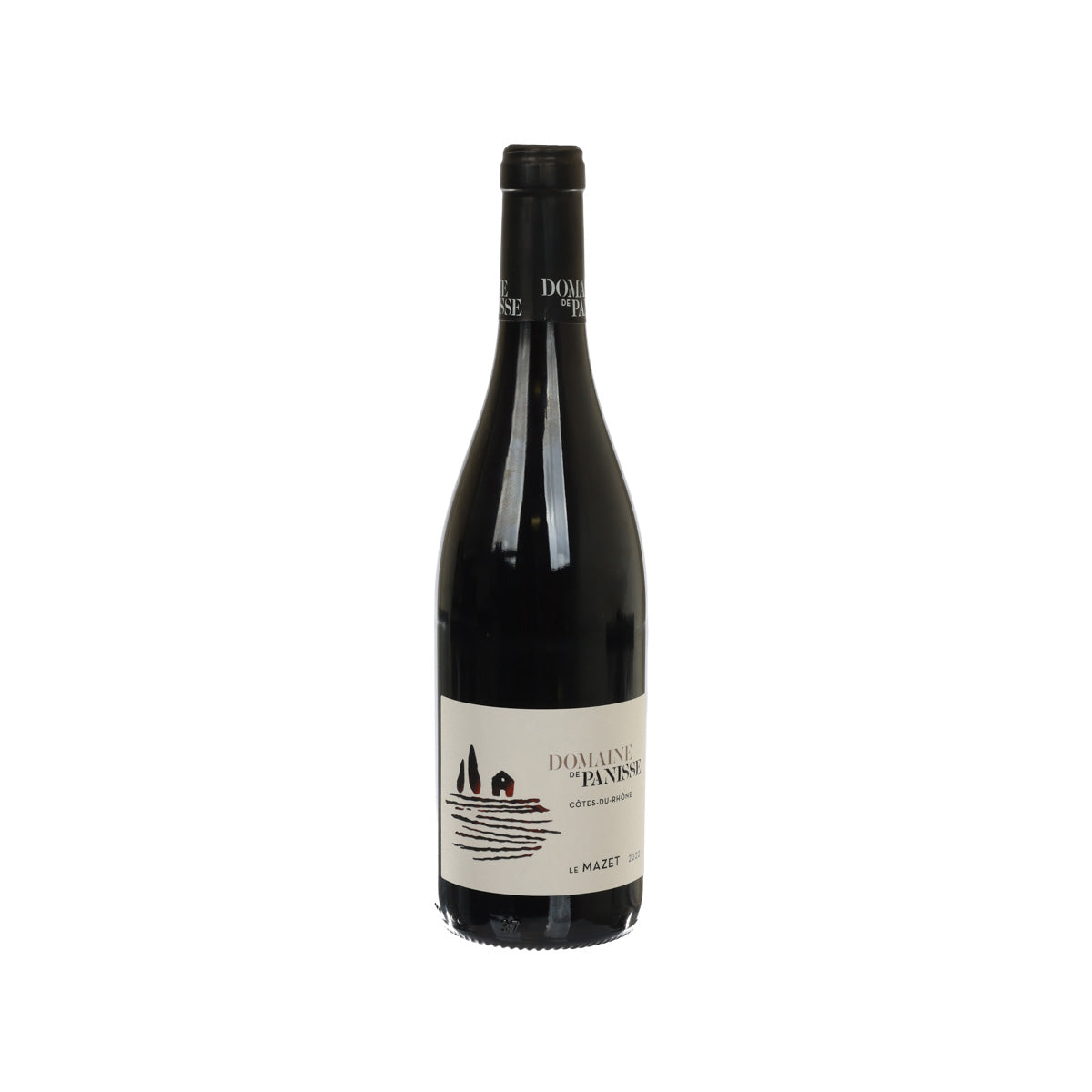 Red wine bottle with front label, black cap and glass
