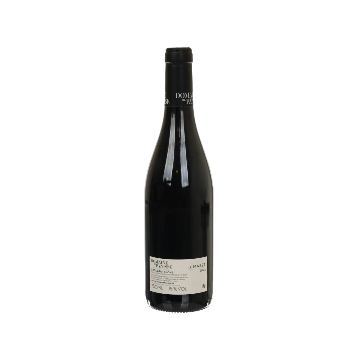 Red wine bottle with back label text, black cap and glass