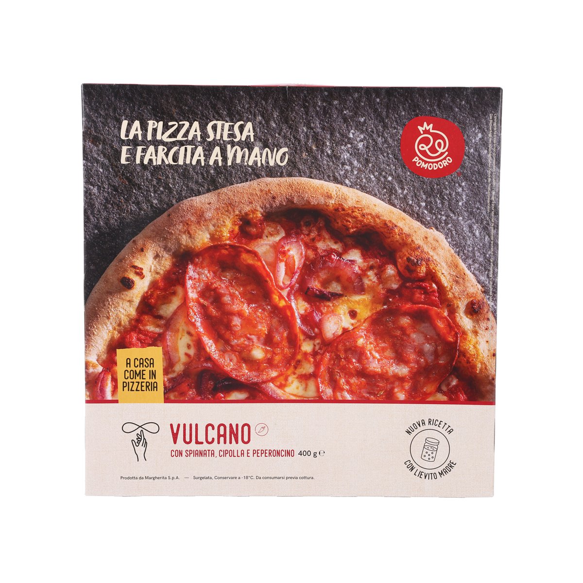 Frozen pizza packaging showing red tomato pizza with onion and chili topping