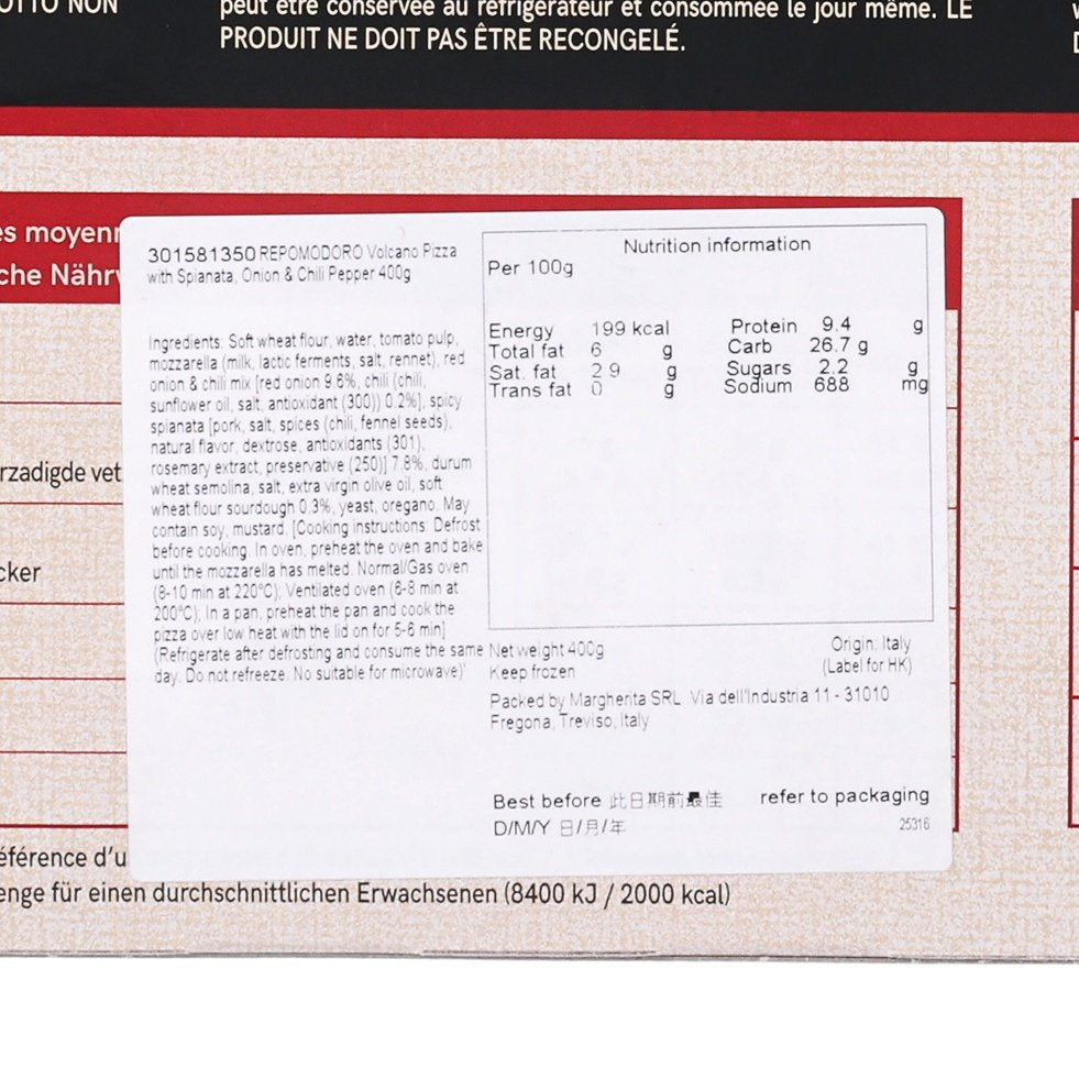 Close-up nutrition facts label on frozen pizza package with calories and nutrients