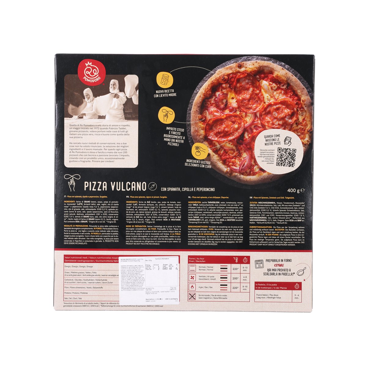 Back of frozen pizza box with barcode, ingredient text, and nutrition panel