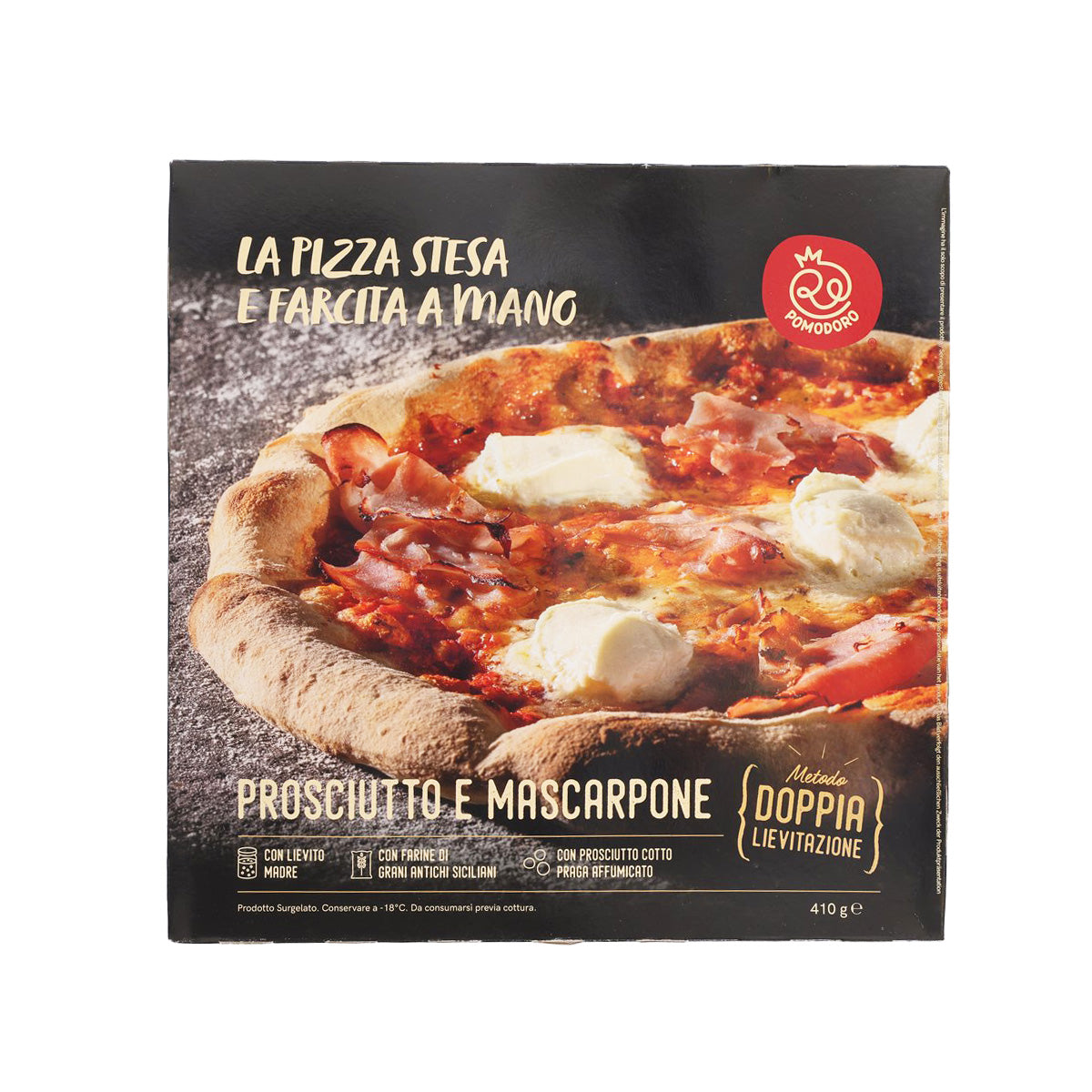 Frozen ham and mascarpone pizza kit in box, shows pizza photo, 410 g