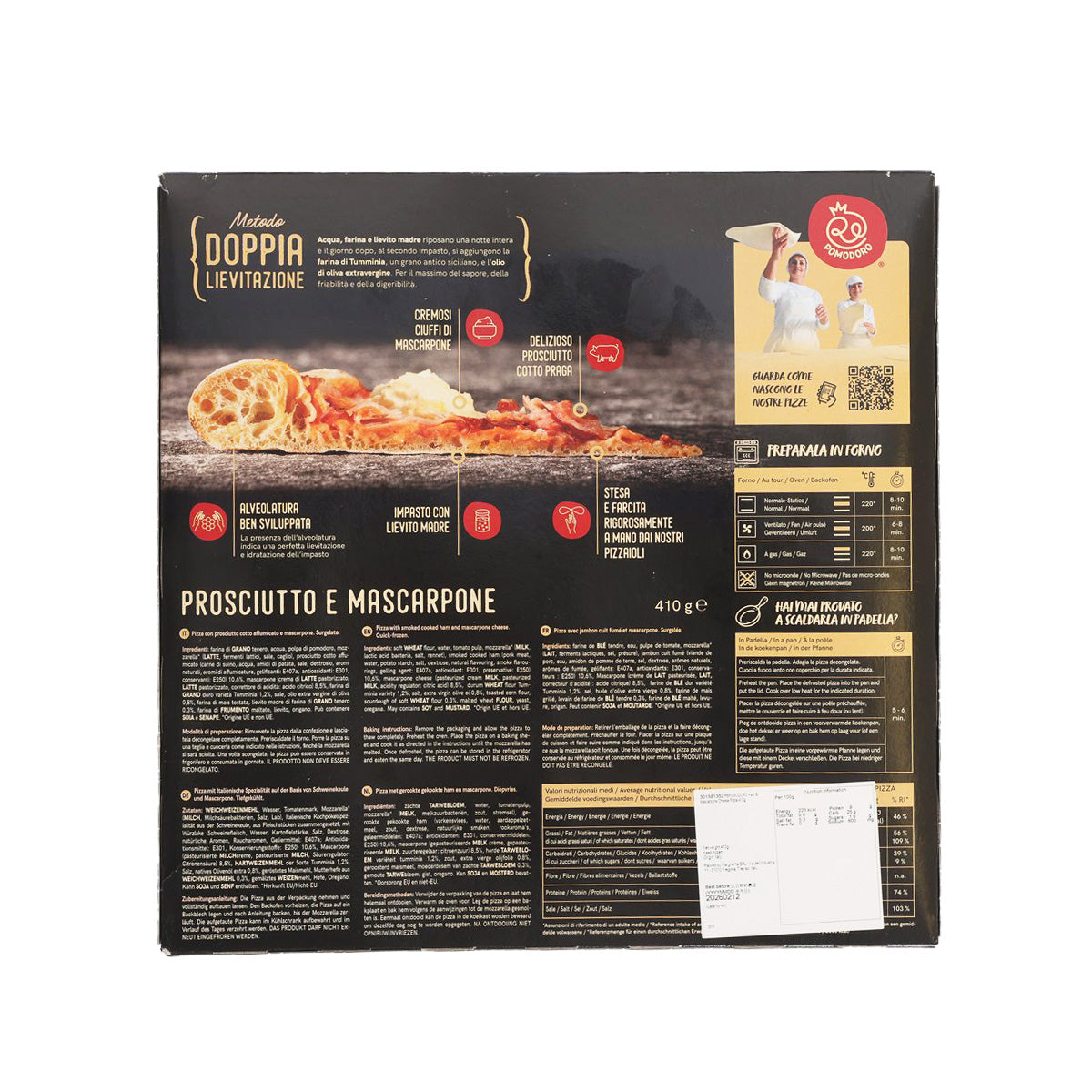 Frozen ham and mascarpone pizza box back with ingredient and nutrition info, 410 g
