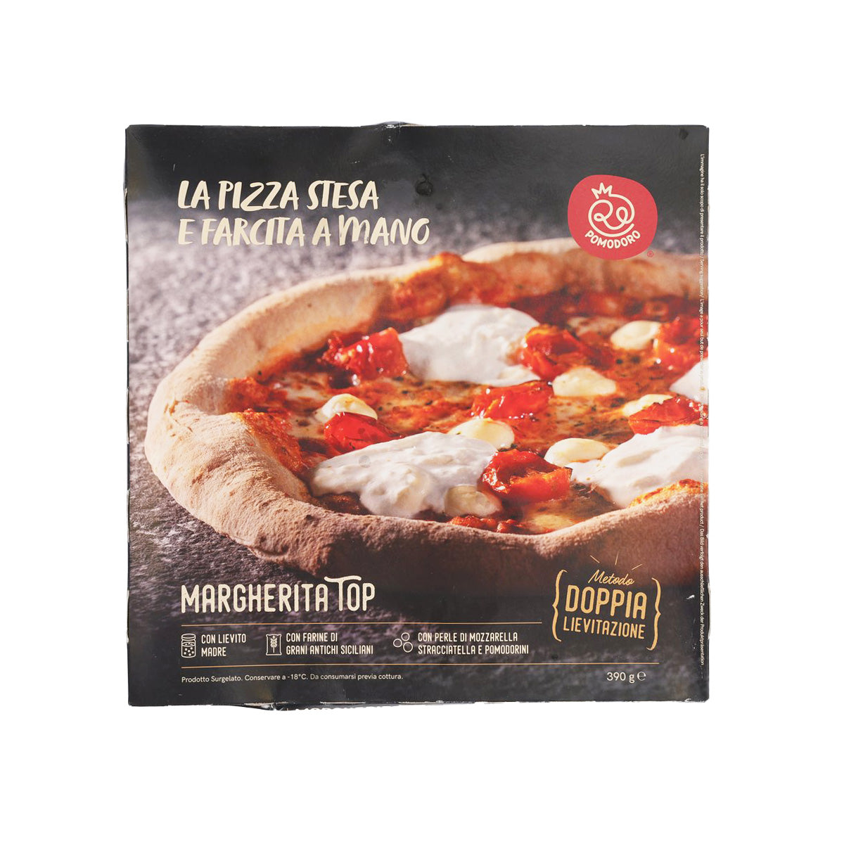 Margherita top pizza package, 390g, front with Margherita pizza photo