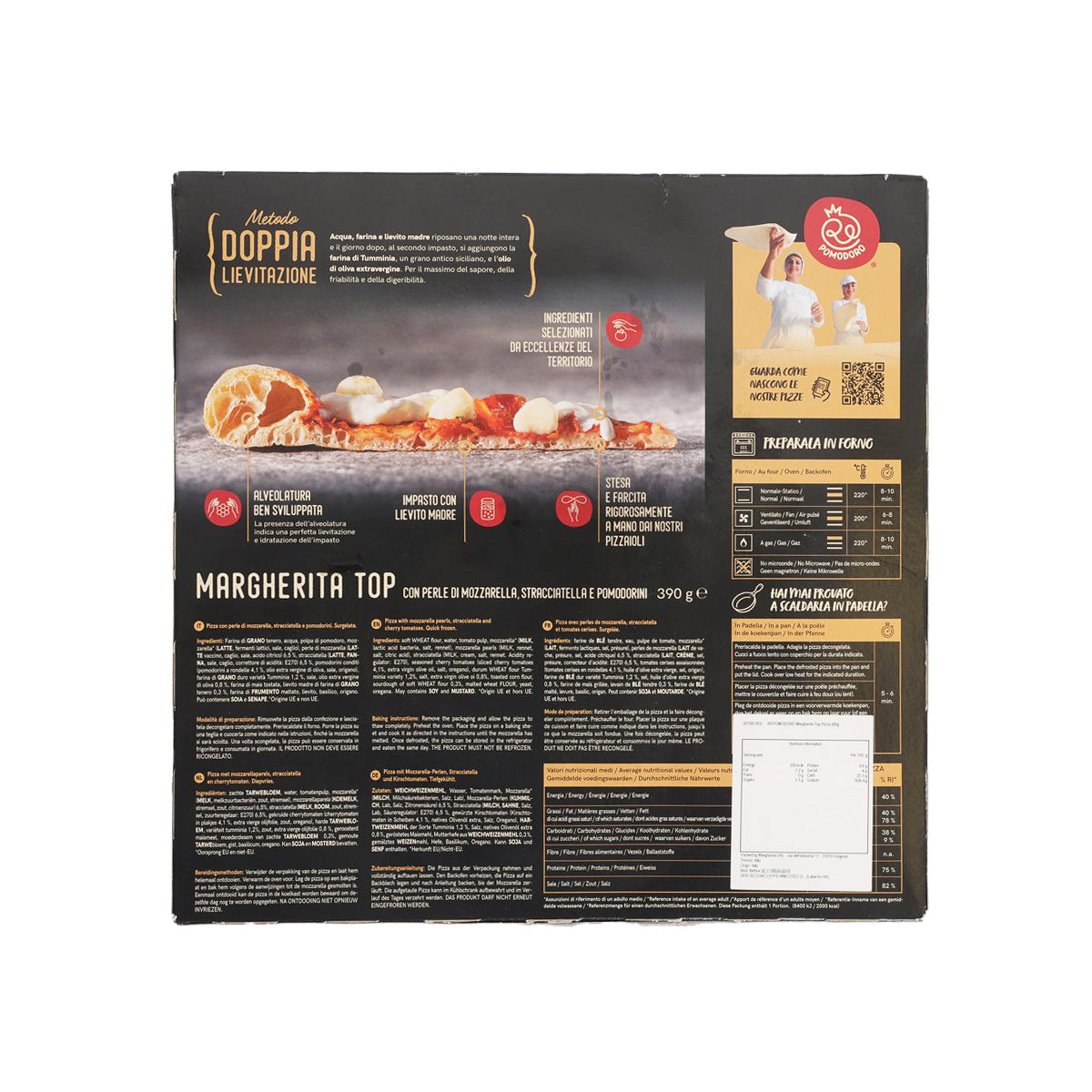 Margherita top pizza package, 390g, back with ingredient and nutrition panel