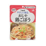 Chicken burdock porridge pouch with red label and bowl-style serving photo