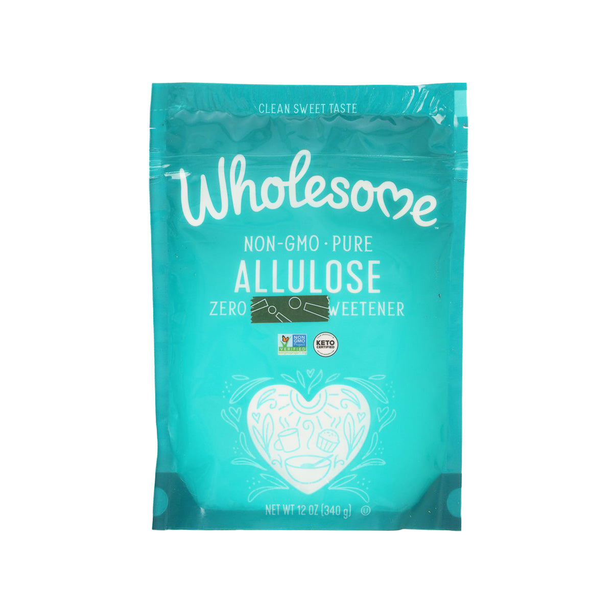 Allulose sweetener pouch, 340 g, teal package with Wholesome logo and text