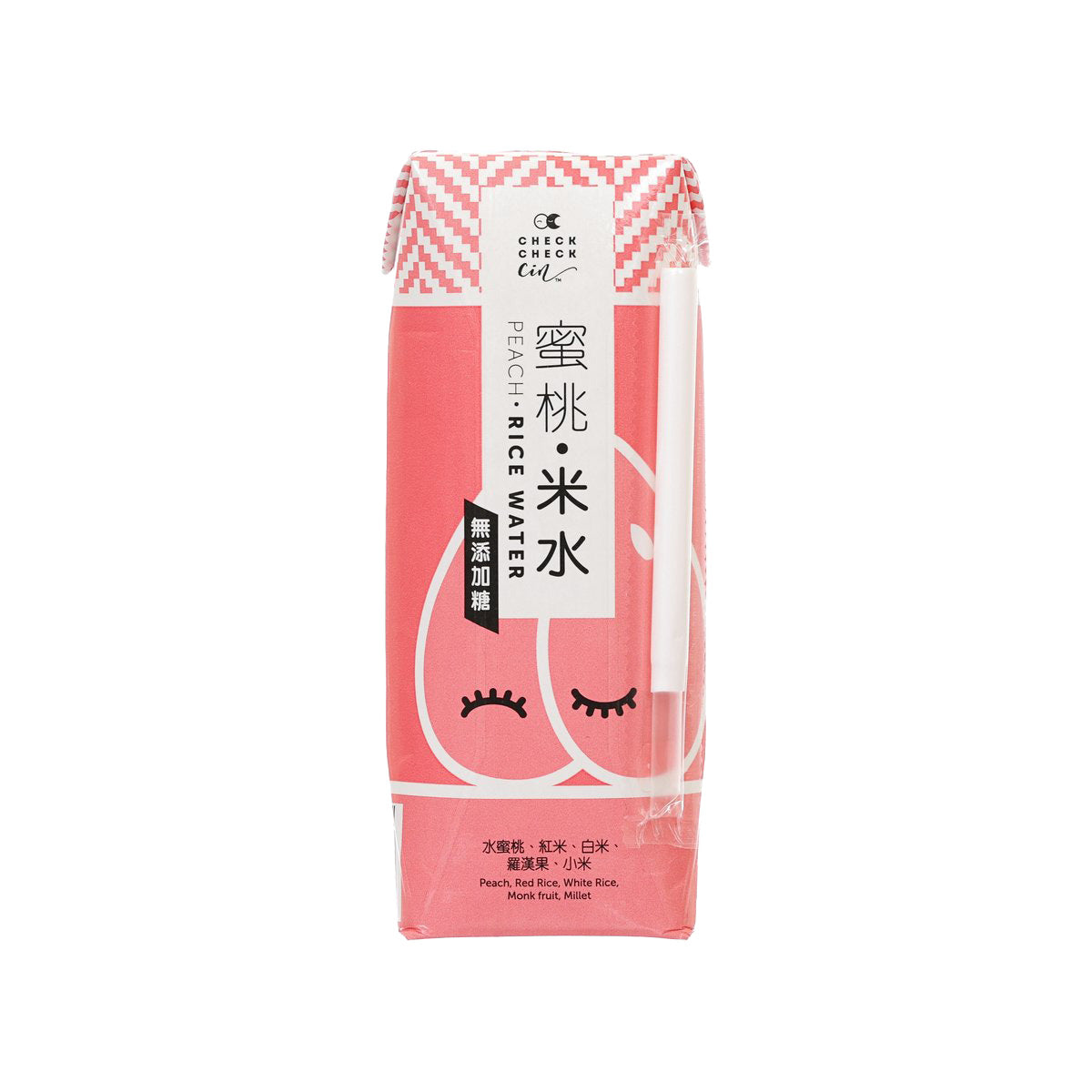 CHECKCHECKCIN peach rice water 250 mL carton, pink body with checkered top