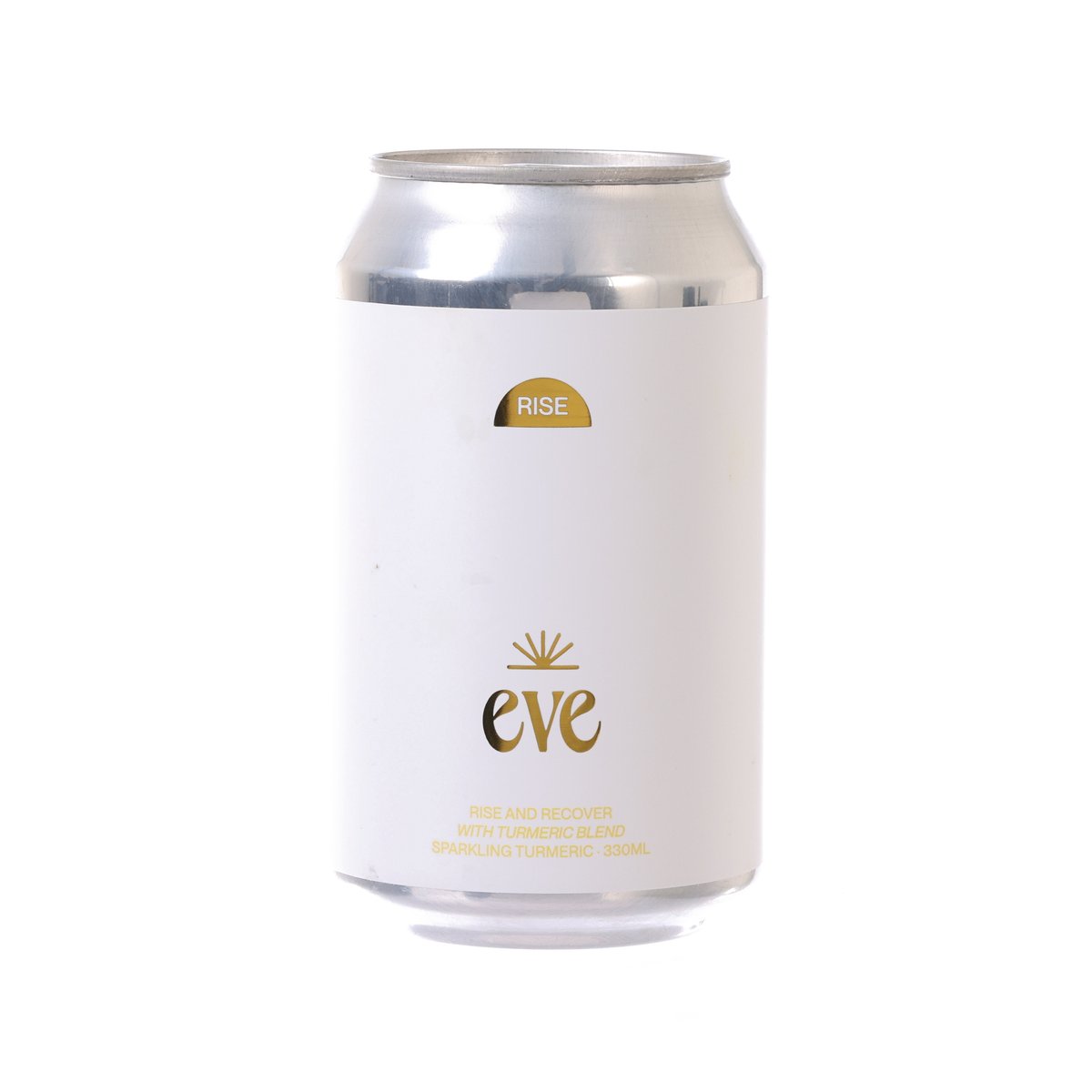 Sparkling turmeric soda can with white label and Rise branding